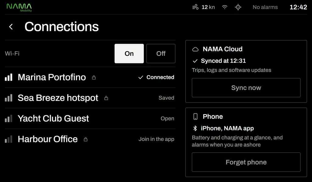 Connections: Wi-Fi networks, NAMA Cloud sync and phone pairing