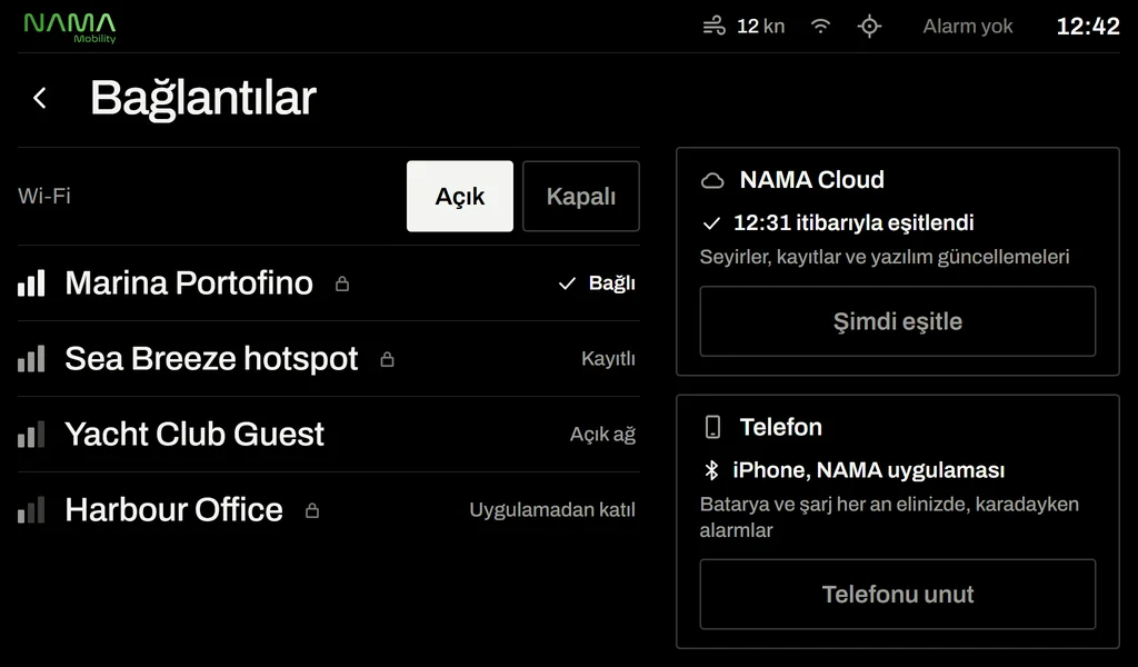 Bağlantılar: Wi-Fi ağları, NAMA Cloud eşitleme ve telefon eşleme
