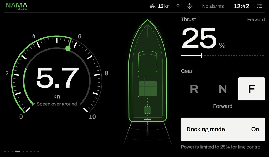 Docking mode: large forward, neutral, reverse indicator, 25 percent thrust and limited power for fine control