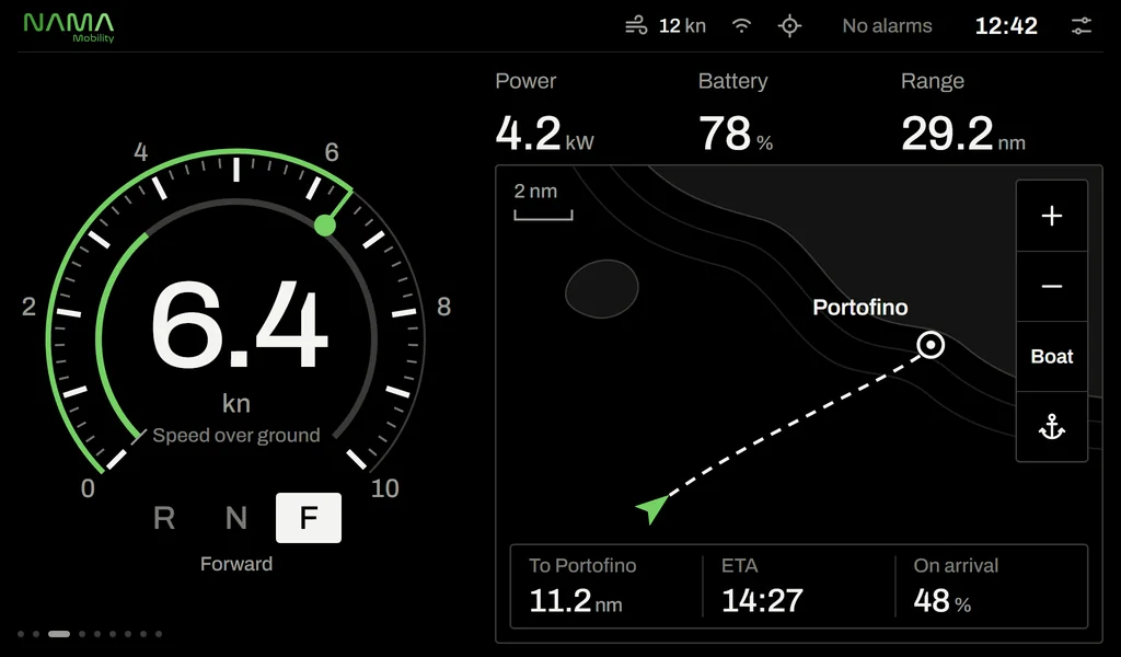 Navigation: chart, 11.2 nautical miles to destination, arrival 14:27, battery on arrival 48 percent