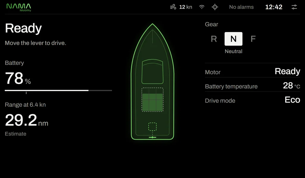 Boat control display in ready state: battery 78 percent, estimated range 29.2 nautical miles, motor in neutral