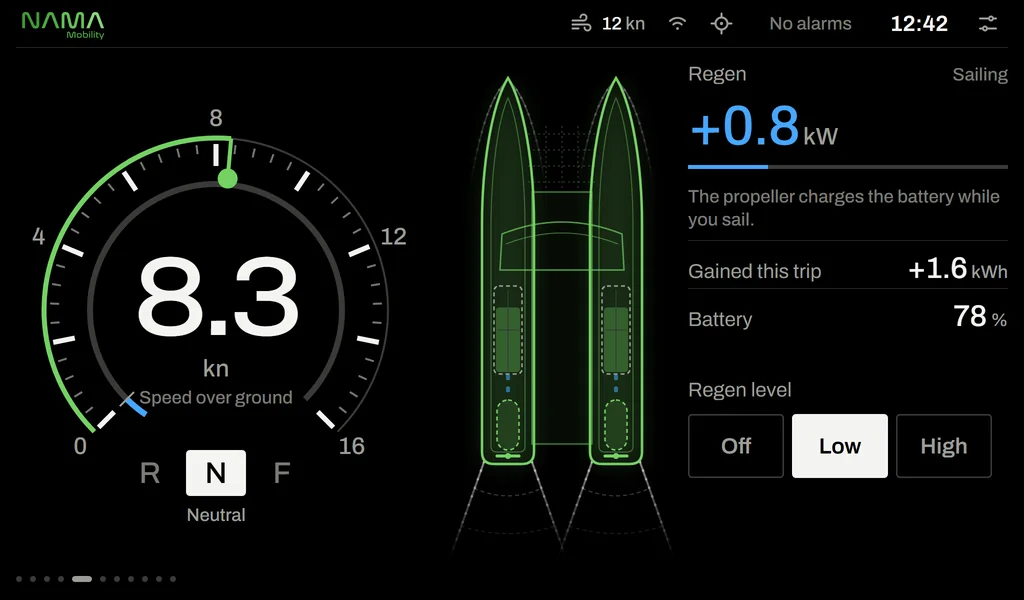 Sailing: regeneration on a catamaran charging the battery at 0.8 kW, regen level selection