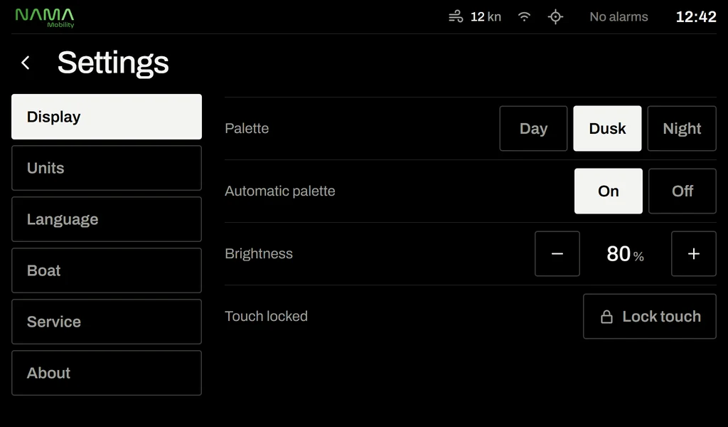 Settings: display palette, automatic palette, brightness and touch lock