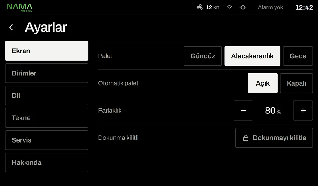 Ayarlar: ekran paleti, otomatik palet, parlaklık ve dokunma kilidi